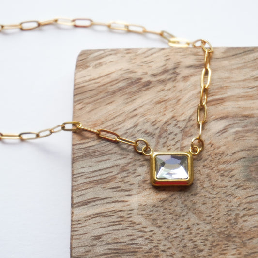 18k pvd gold paperclip necklace with 11mm clear crystal rectangle pendant