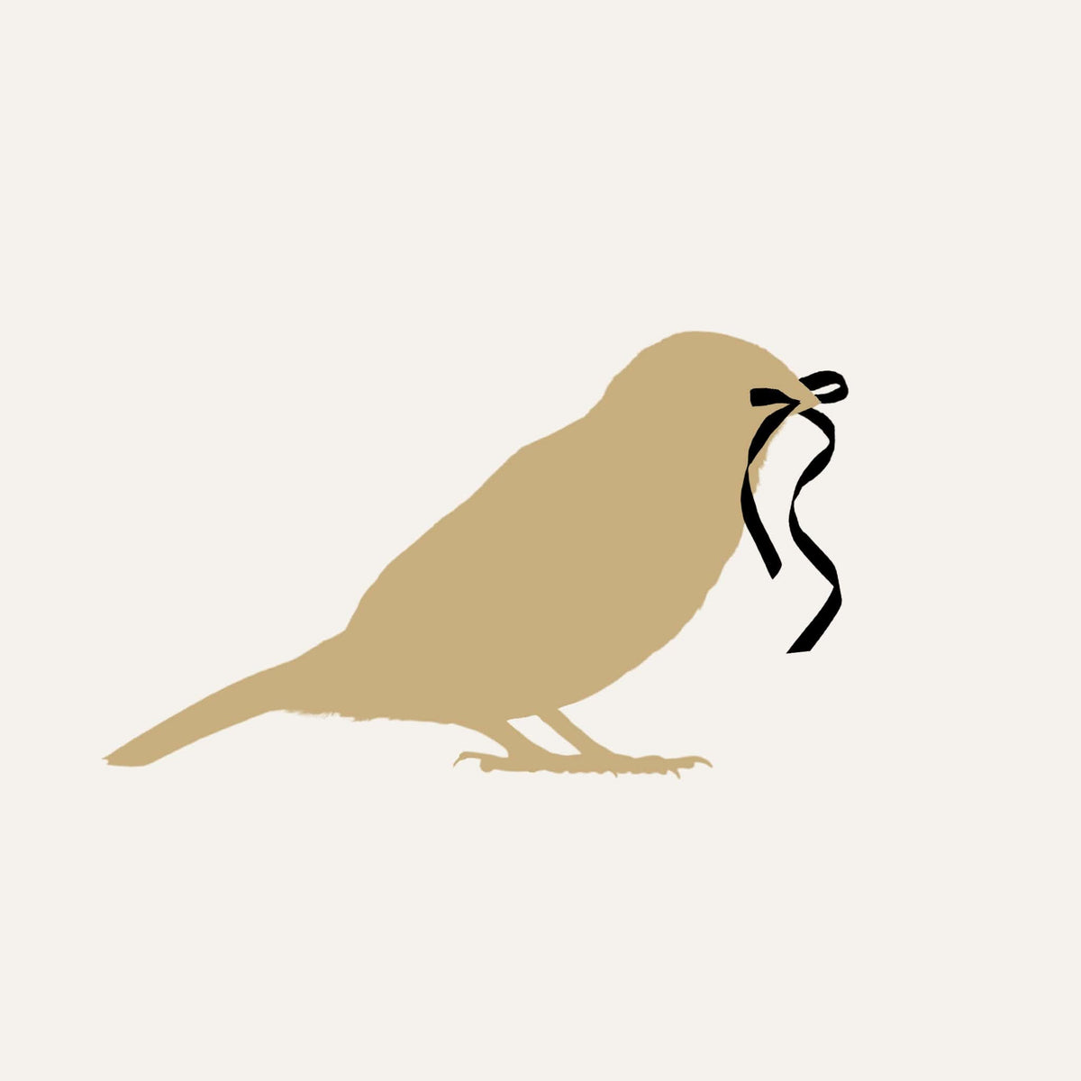 tan silhouette of a sparrow holding a black ribbon in its beak on a cream background